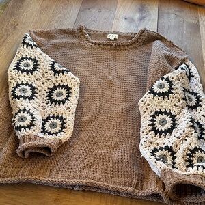 POL Brown Knit Sweater with Cream & Black Crochet Balloon Sleeves